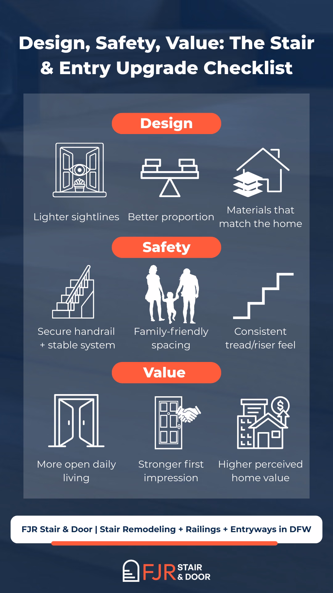 Design, Safety, Value — the stair and entry upgrade checklist. Design: lighter sightlines, better proportion, materials that match the home. Safety: secure handrail and stable system, family-friendly spacing, consistent tread and riser feel. Value: more open daily living, stronger first impression, higher perceived home value.