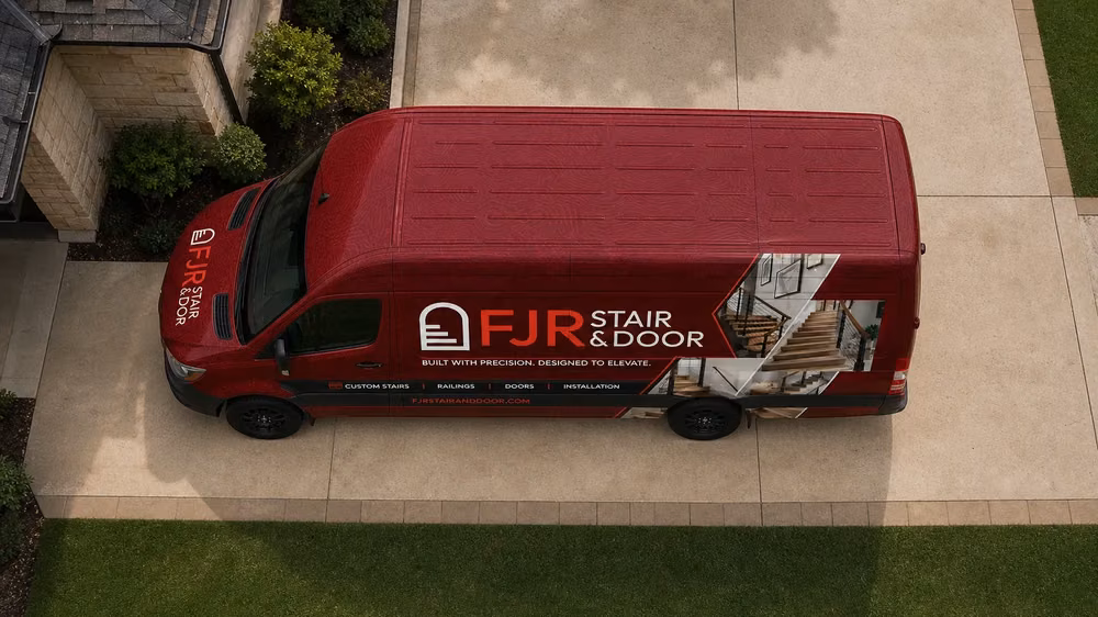 Aerial view of the FJR Stair & Door service van at a Dallas–Fort Worth home