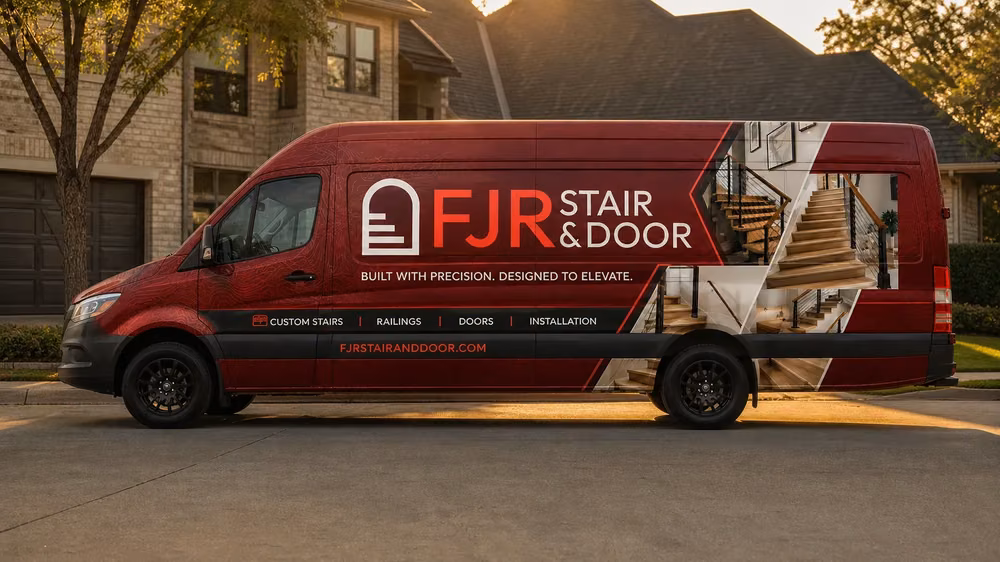 FJR Stair & Door's branded service van at golden hour