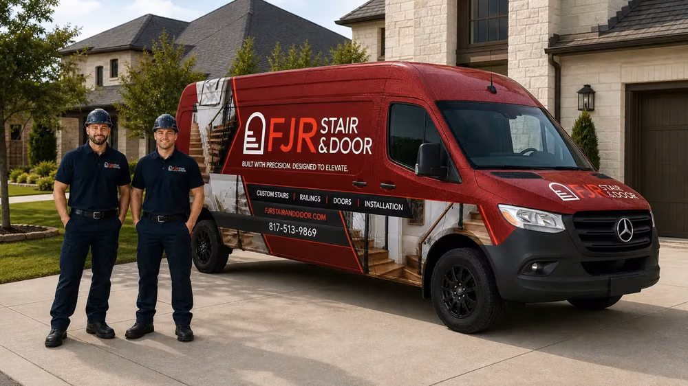 Two FJR Stair & Door installers with the branded service van at a Dallas–Fort Worth home