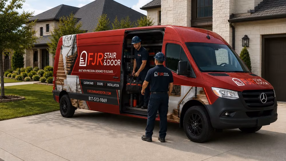 An FJR Stair & Door installer collecting tools from the van's side door