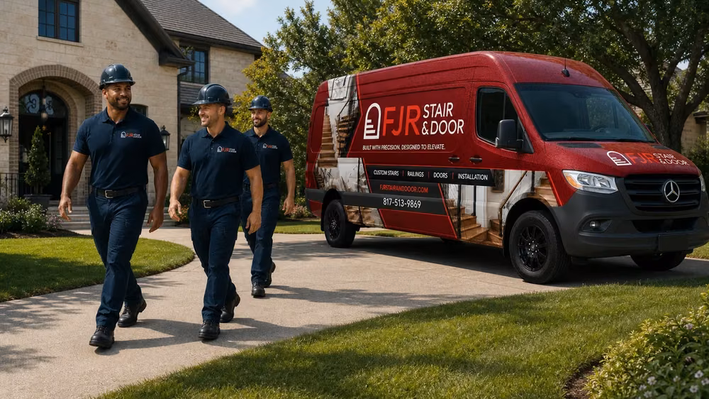 Three FJR Stair & Door crew members arriving at a Dallas–Fort Worth job