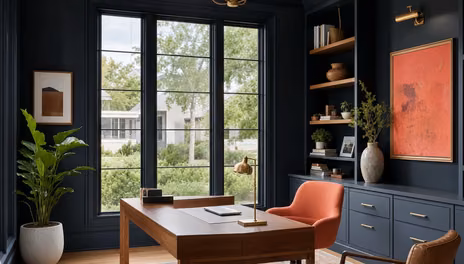 Room combining painted trim with a stained timber finish